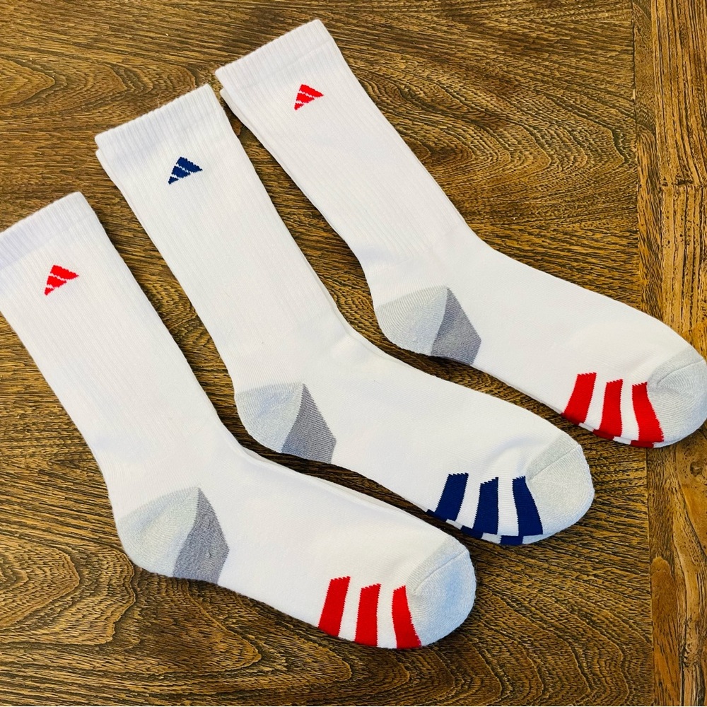 adidas Men's White Crew Socks/NWOT/szlg/red and blue details/set of three
